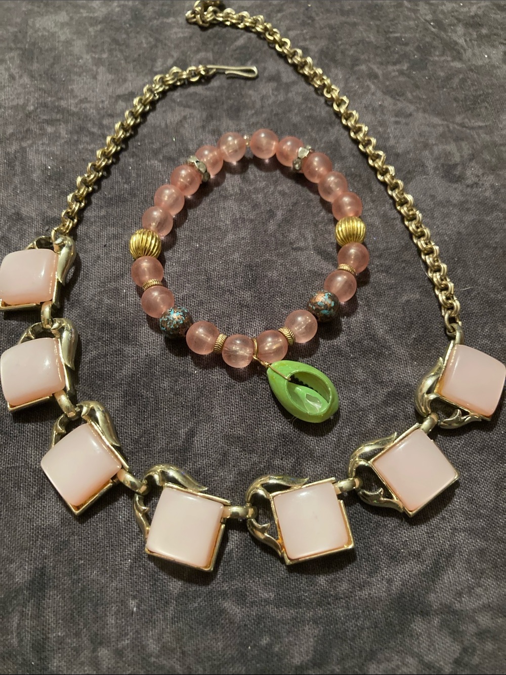 Pink Frosted Bead Stretch Bracelet with Gorgeous Pink Inlay Necklace
